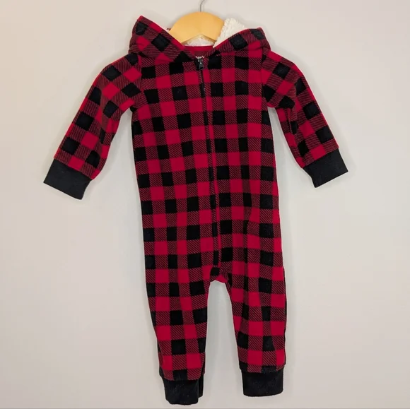 ❤️ 2 for 10 ❤️ Carter's Buffalo Check Red Black Fleece Romper - Picture 1 of 4